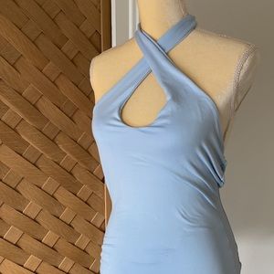 BABY BLUE HALTER NECK BODYSUIT (NEVER WORN)